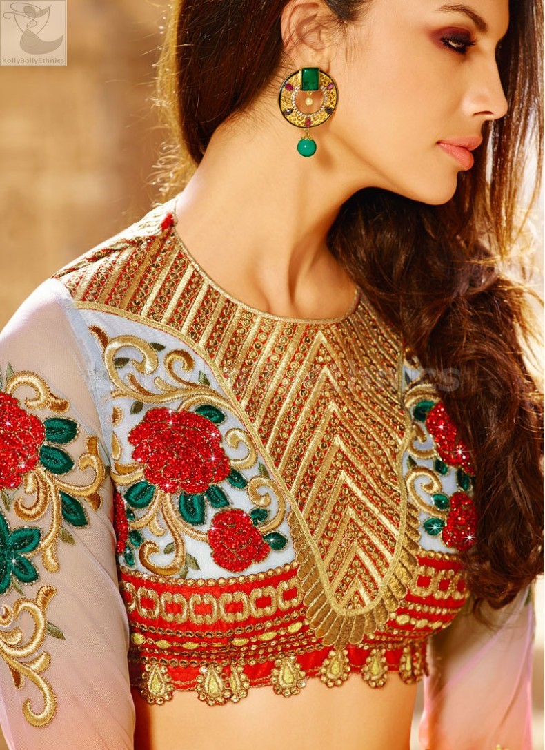 bridal lehenga red and blue combination